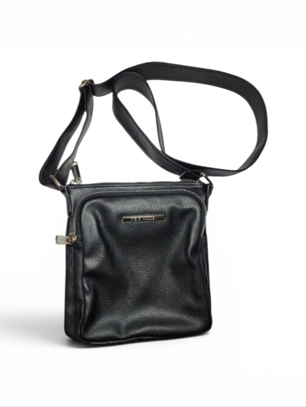 Steve Madden Messenger Black Faux Leather Crossbody Bag Minimalist Multi Zip